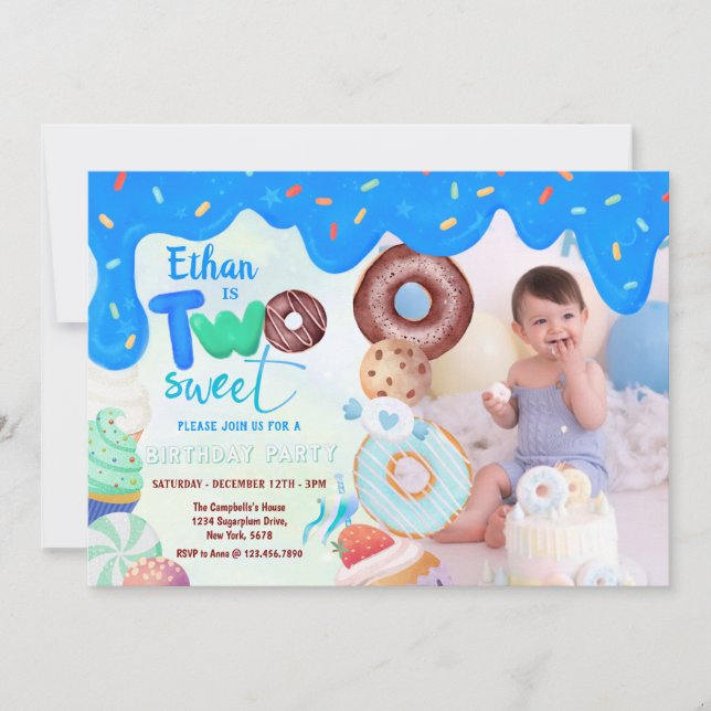 blue frosting two sweet boy doughnut birthday  invitation (Front)