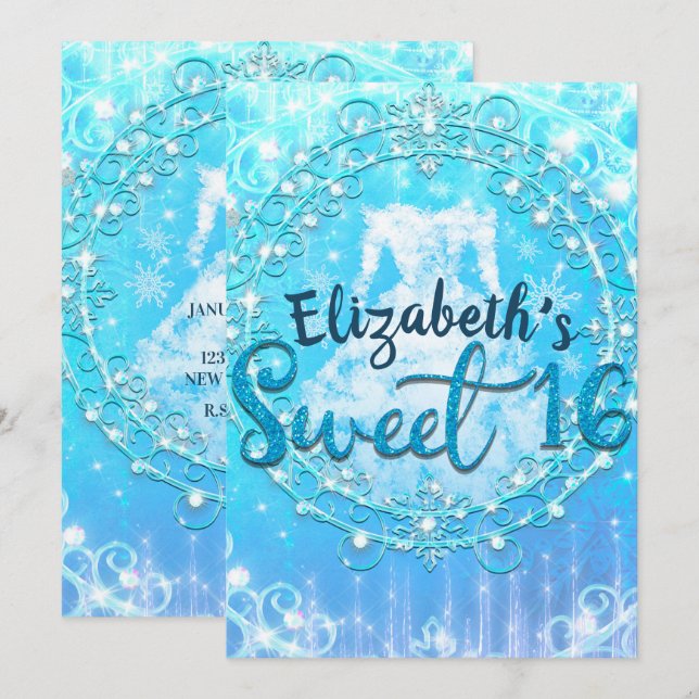 Blue Frozen Winter Ice Dress Sweet 16 Party Invitation (Front/Back)
