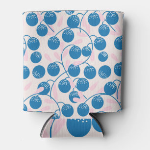 Blue fruits, pink leaves, seamless design. can cooler