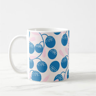 Blue fruits, pink leaves, seamless design. coffee mug