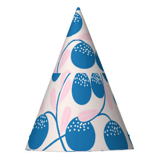 Blue fruits, pink leaves, seamless design. party hat