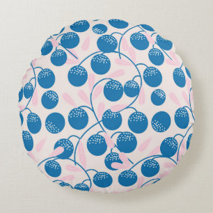 Blue fruits, pink leaves, seamless design. round pillow