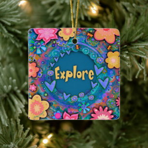 Blue Fun Floral Colourful Pretty Explore   Ceramic Ornament