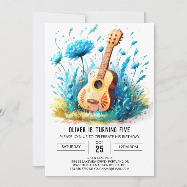 Blue Fun Guitar Boy Birthday Invitation (Front)