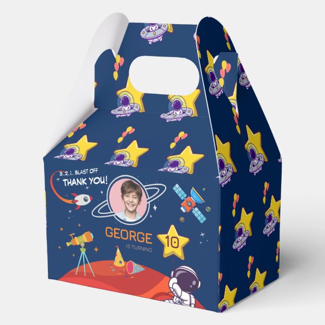 Blue Fun Outer Space Astronaut Rocket Birthday Favor Box (Back)