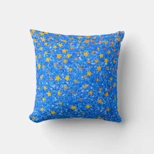 Blue fun sparkling pattern , glamourous gold stars throw pillow