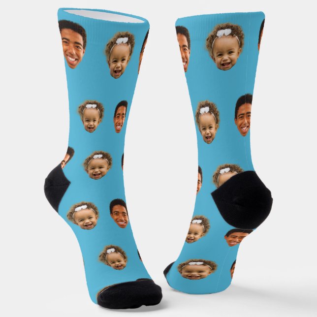 Blue Funny Custom 2 Face Photo Mom Socks (Angled)