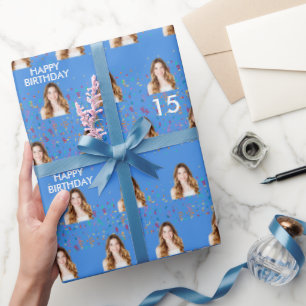 Blue Funny Custom Face Photo 15th Birthday Party Wrapping Paper