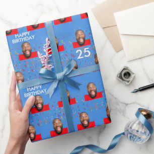Blue Funny Custom Face Photo 25th Birthday Party Wrapping Paper