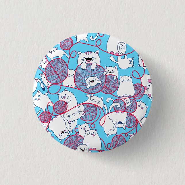 Blue Funny Cute Knitting Kitten Ball 1 Inch Round Button (Front)