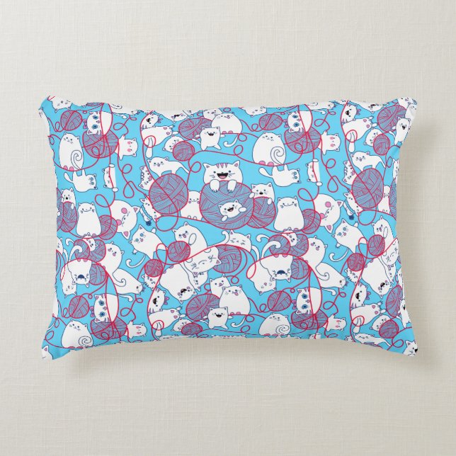 Blue Funny Cute Knitting Kitten Ball Accent Pillow (Front)