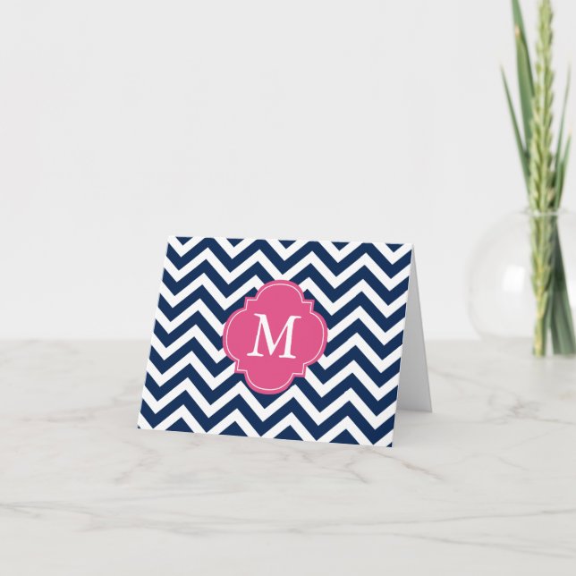 Blue & Fuschia Zigzags Pattern Monogram Note Card (Front)