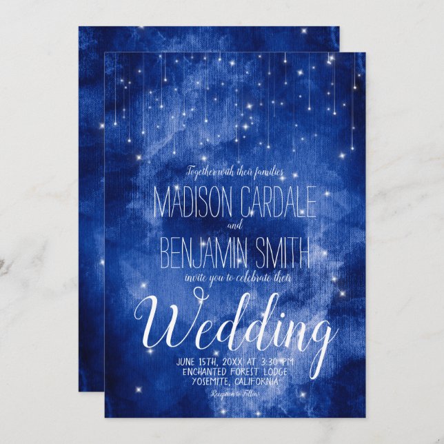 Blue Galaxy Celestial Stars Fairy Lights Wedding Invitation (Front/Back)