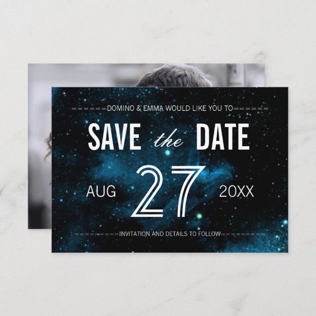 Blue Galaxy Photo Save the Date Cards (Front/Back)