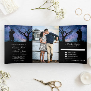 Blue Galaxy Romantic Couple Photo Wedding Tri-Fold Invitation