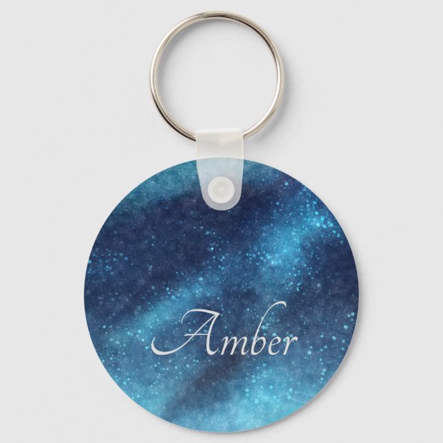 Blue Galaxy Sparkle Abstract Personalized Keychain (Front)