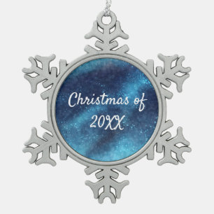 Blue Galaxy Sparkle Abstract Personalized Snowflake Pewter Christmas Ornament