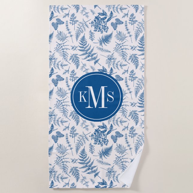 Blue Garden Butterfly & Floral Garden Pattern Beach Towel (Front)