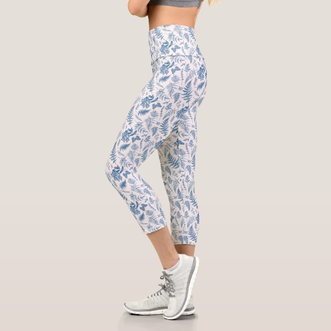 Blue Garden Butterfly & Floral Garden Pattern Capri Leggings (Left)
