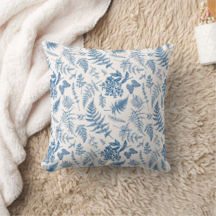 Blue Garden Butterfly & Floral Garden Pattern Throw Pillow