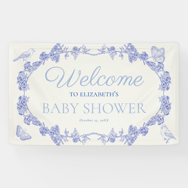Blue Garden Chinoiserie Baby Shower Welcome Banner (Horizontal)