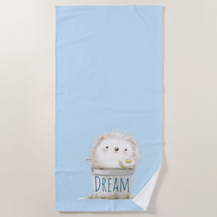 Blue Garden Hedgehog with Daisy Flower  Beach Towel