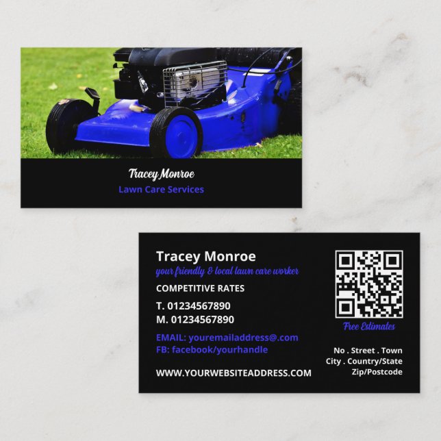 Blue Garden Lawn-Mower, Lawn Care Services Business Card (Front/Back)