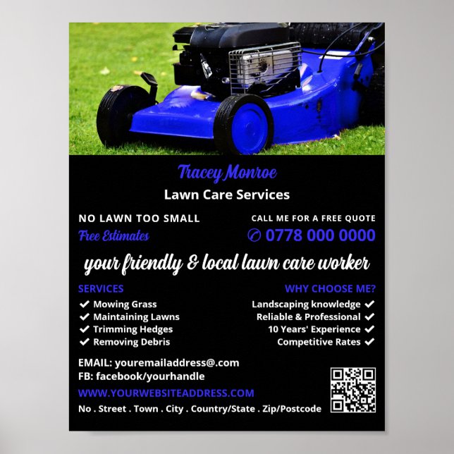 Blue Garden Lawn-Mower, Lawn Care Services Poster (Front)