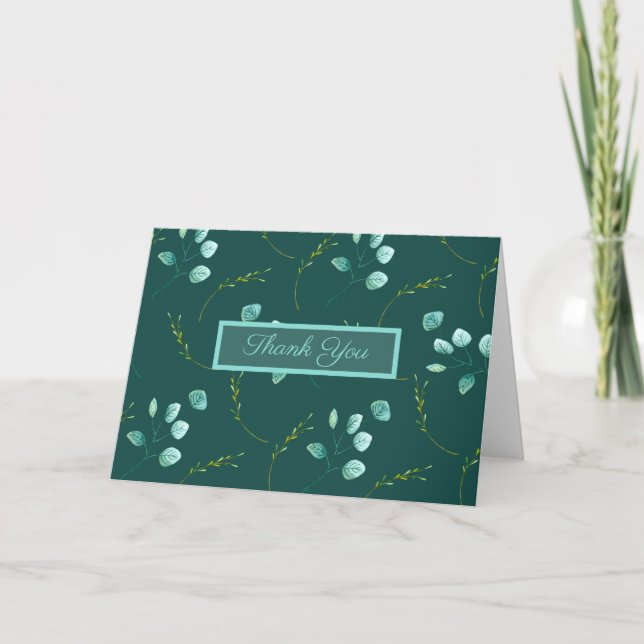 Blue Garden Watercolor Stems Wedding Thank You Card (Front)