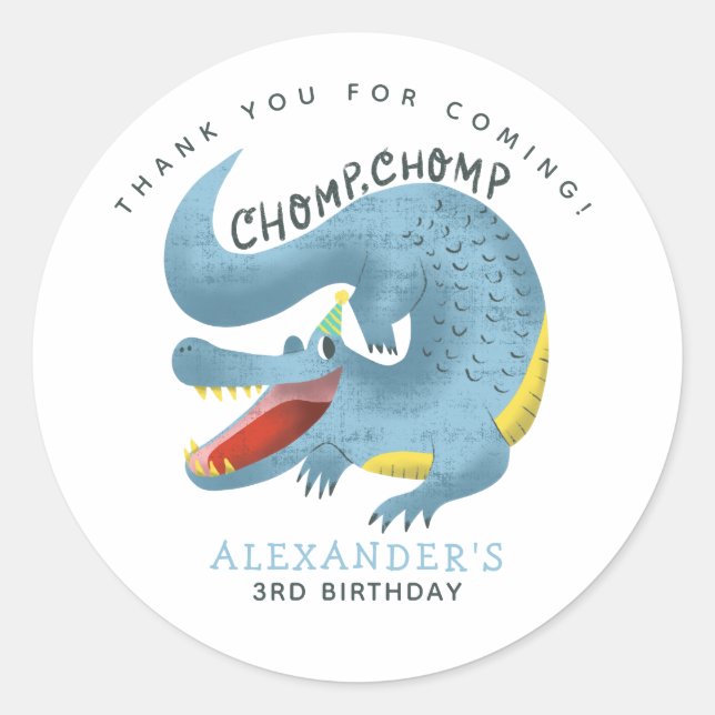 Blue Gator Theme Birthday Party Thank You Favour Classic Round Sticker (Front)