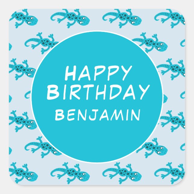Blue Gecko Lizard Drawing Kids Happy Birthday  Square Sticker (Front)