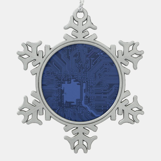 Blue Geek Motherboard Pattern Snowflake Pewter Christmas Ornament (Front)