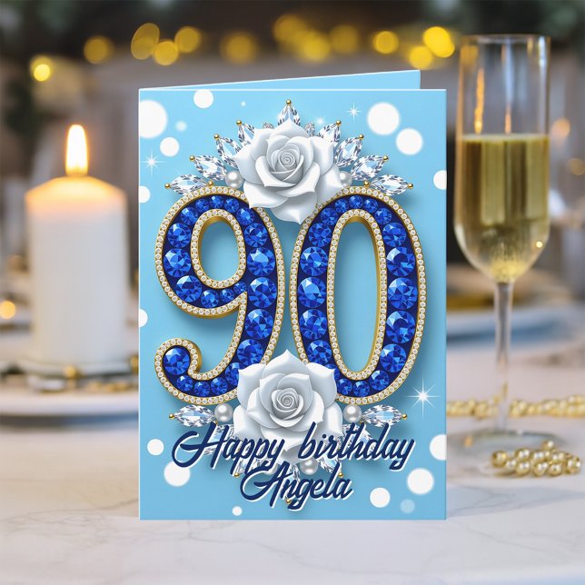 Blue Gems Pearls and White Roses 90th Birthday Card (Creator Uploaded)