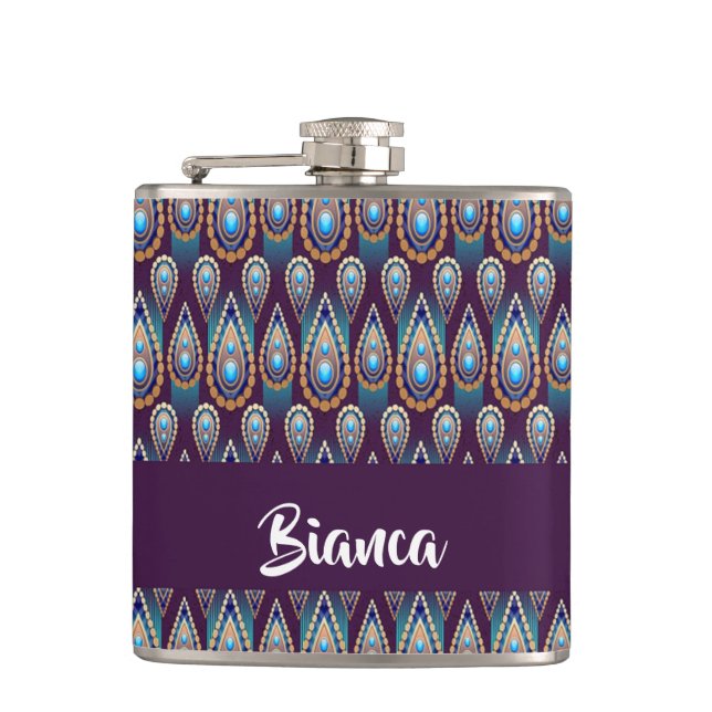 Blue gemstones decorative print hip flask (Front)