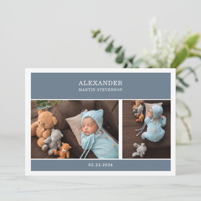 Blue Gender Neutral Photo Baby Announcement Card (Standing Front)