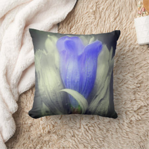 Blue Gentian Flower Black And White Partial Colour Throw Pillow