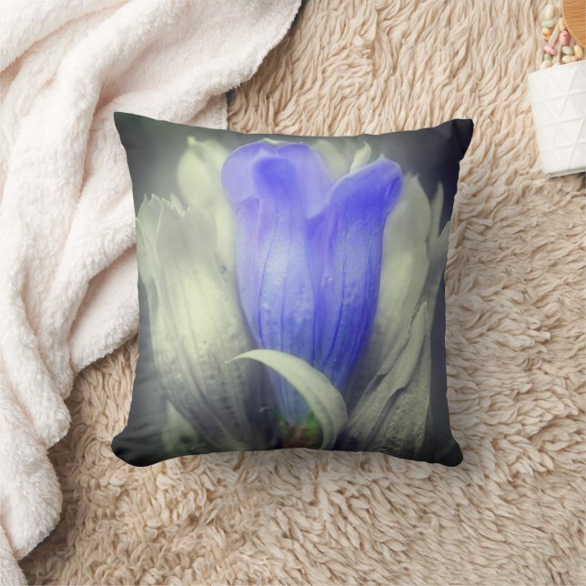 Blue Gentian Flower Black And White Partial Colour Throw Pillow (Blanket)
