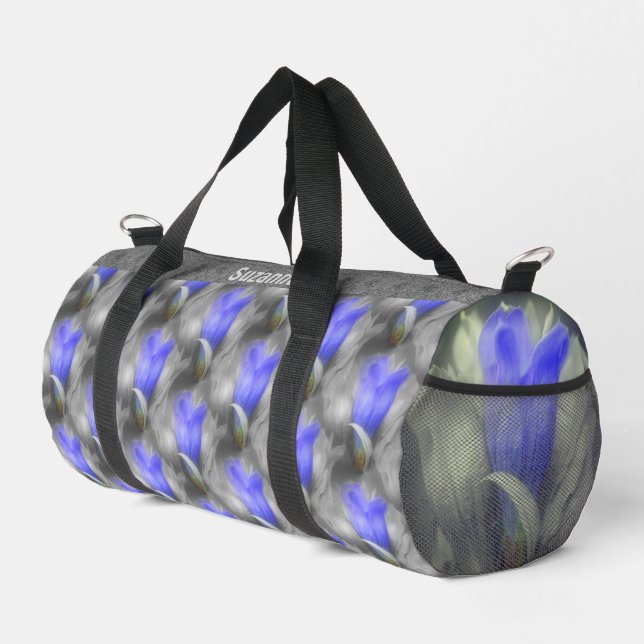 Blue Gentian Flower Nature Pattern Personalized Duffle Bag (Right Corner)