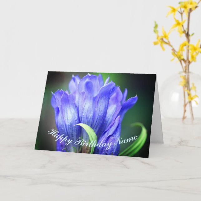 Blue Gentian Flower Personalized Birthday  Card (Yellow Flower)
