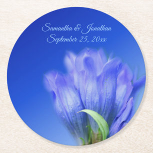Blue Gentian Flower Personalized Wedding Round Paper Coaster