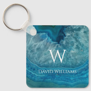 Blue Geode Agate Monogram Modern  Name & Initial Keychain