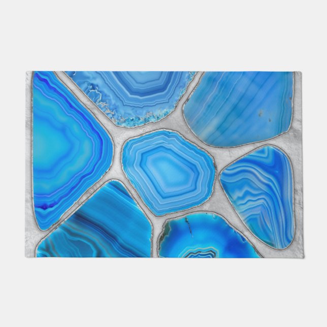 Blue Geode Agate Mosaic Flower art Doormat (Front)