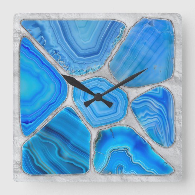 Blue Geode Agate Mosaic Flower art Square Wall Clock (Front)