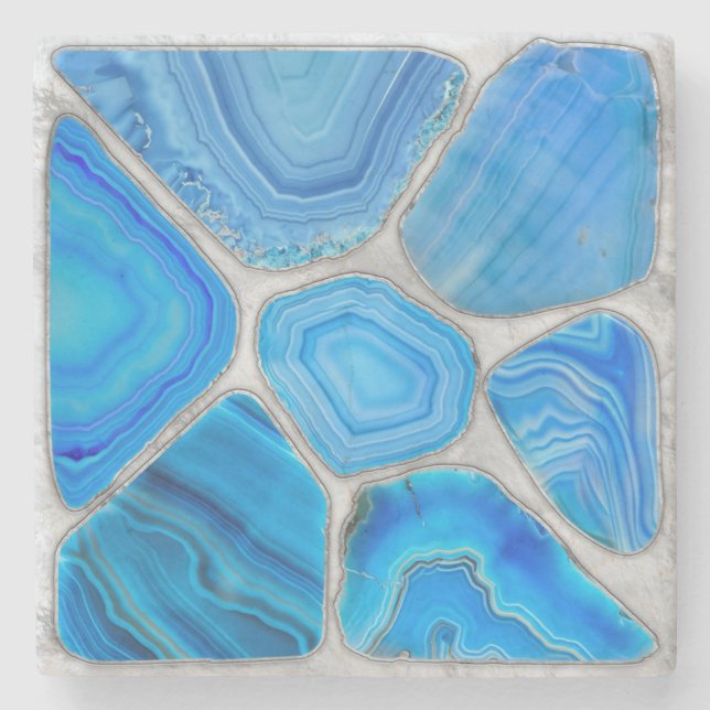 Blue Geode Agate Mosaic Flower art Stone Coaster (Front)