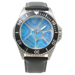 Blue Geode Agate Mosaic Flower art Watch