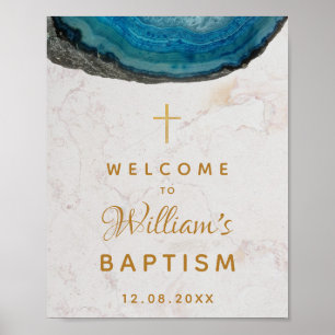 Blue Geode Boy Baptism Marble Gold Cross Welcome Poster