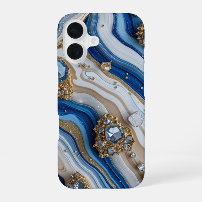Blue Geode Gemstone with Gold Crystals – Luxury iPhone 16 Case (Back)