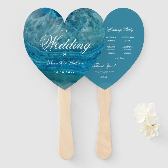 Blue Geode Heart White Calligraphy Wedding Program Hand Fan (Front and Back)