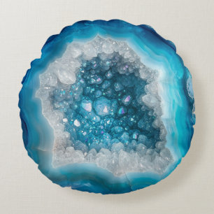 Blue Geode Rock Mineral Agate Crystal Modern Round Pillow