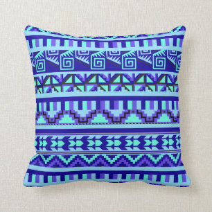 Blue Geometric Abstract Aztec Tribal Print Pattern Throw Pillow